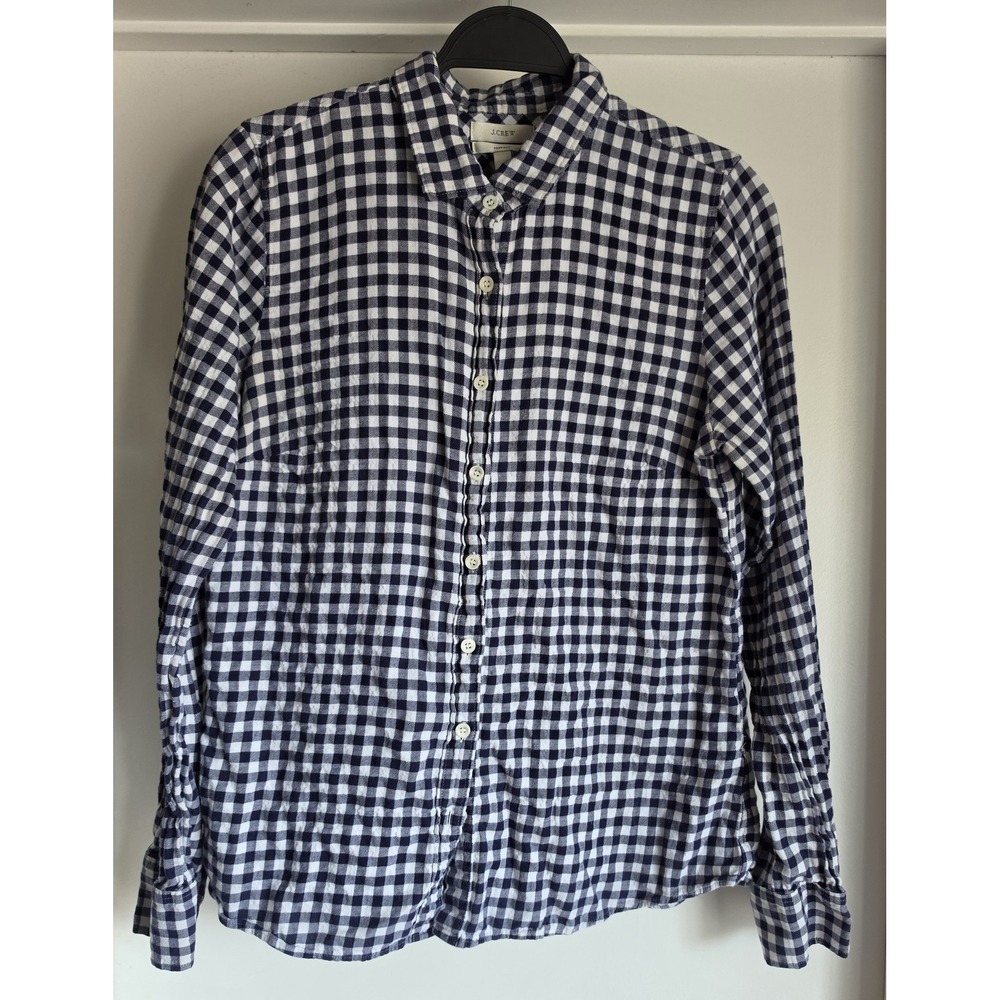 J.Crew Women's 6 Gingham Button-Up Shirt Navy White Long Sleeve Cotton Classic